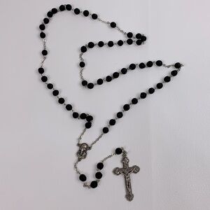 Vintage Rosary Beads Holy necklace Silver medallion Black beads